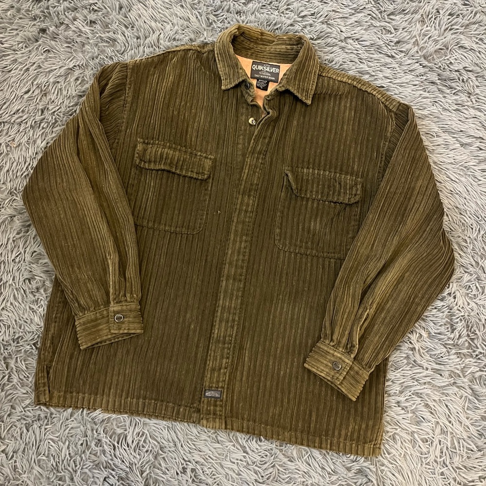 Quicksilver Salt Water Denim Green Corduroy Button Up Jacket w Pockets Size M